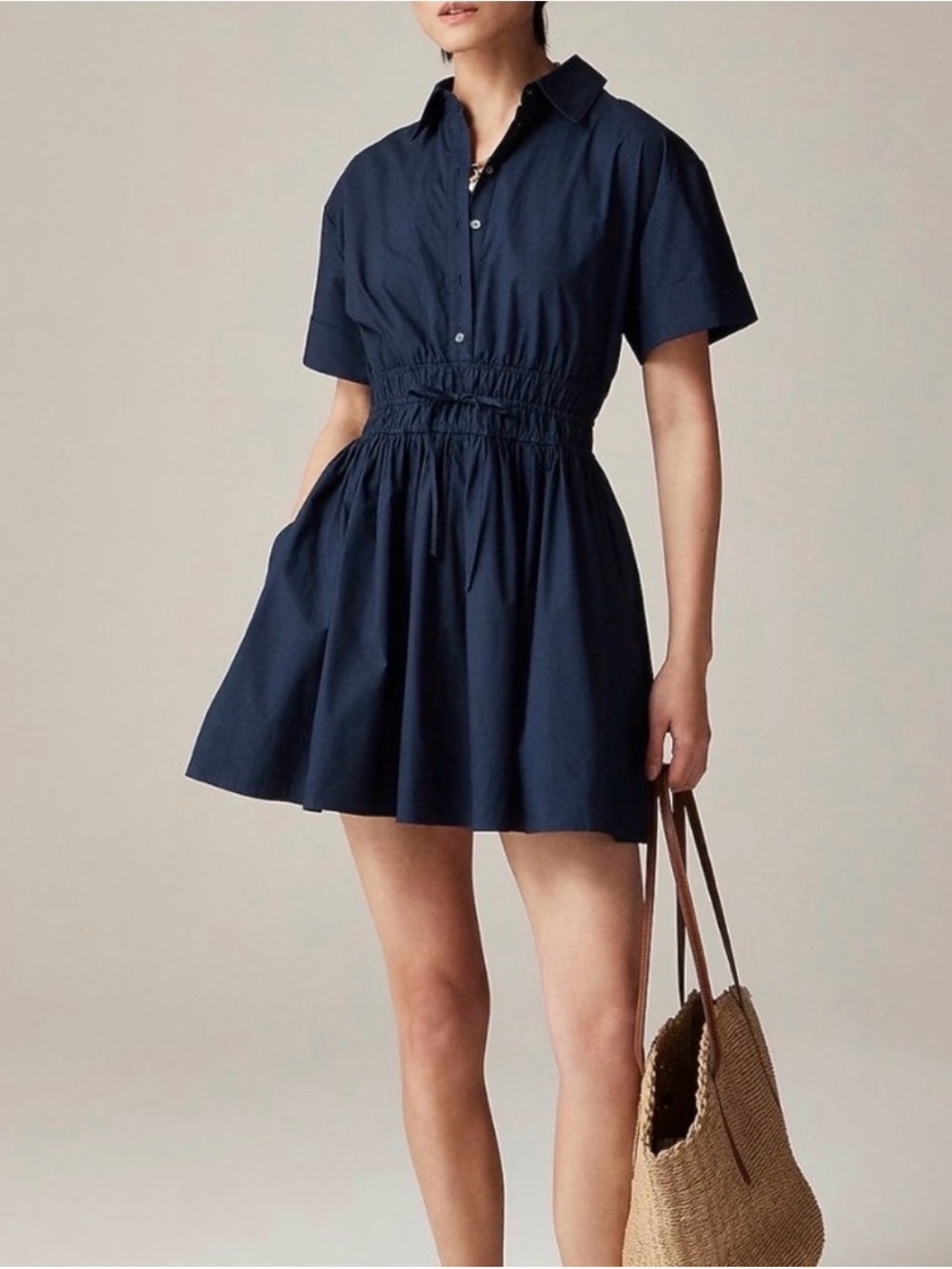Jcrew Elena Navy Short-Sleeve Shirtdress with Smocked Waist